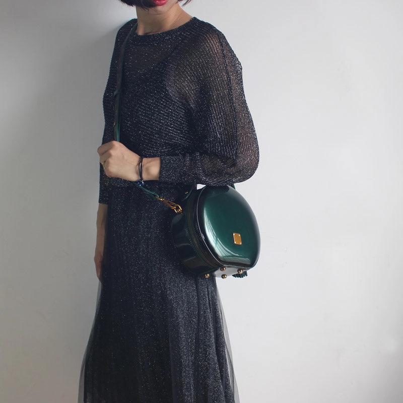 Womens Black Leather Round Handbag Crossbody Purse With Tassels Black Round Shoulder Bags for Women Bold Touch