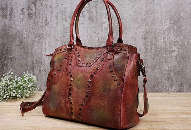 Genuine Handmade Bag Vintage Rivet Leather Handbag Shoulder Bag Crossbody Bag Women Leather Purse Compact Organizer