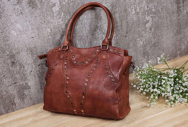 Genuine Handmade Bag Vintage Rivet Leather Handbag Shoulder Bag Crossbody Bag Women Leather Purse Casual Carry Street Look