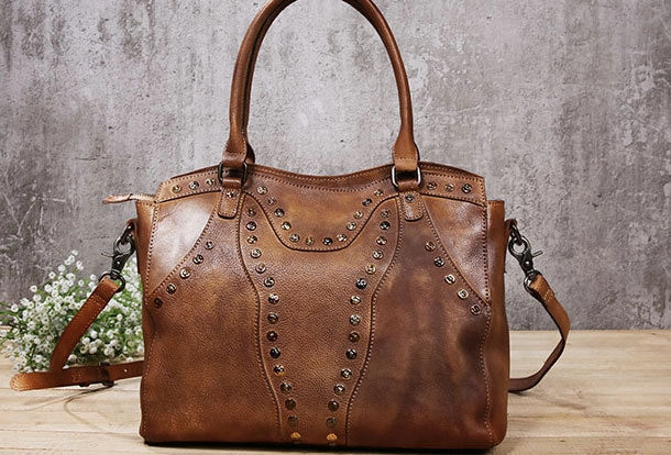 Genuine Handmade Bag Vintage Rivet Leather Handbag Shoulder Bag Crossbody Bag Women Leather Purse Simple Look