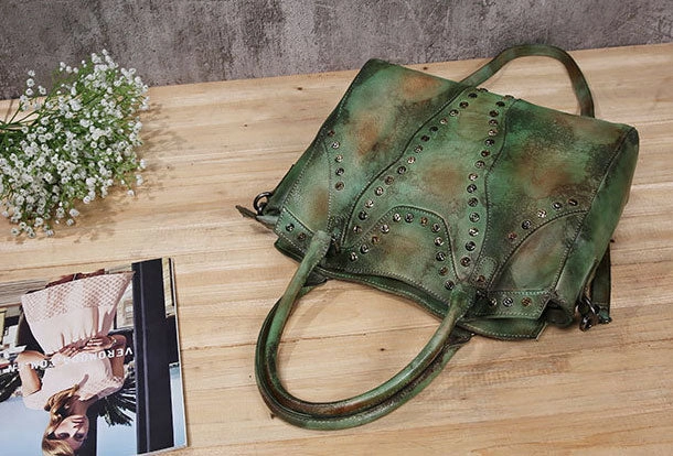 Genuine Handmade Bag Vintage Rivet Leather Handbag Shoulder Bag Crossbody Bag Women Leather Purse Minimal Aesthetic Fashion Choice