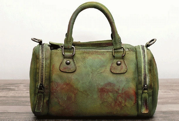 Genuine Handmade Boston Bag Vintage Leather Handbag Shoulder Bag Women Leather Purse Compact Shopper