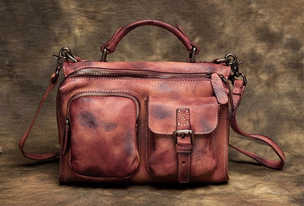 Genuine Handmade Vintage Leather Message Bag Handbag Shoulder Bag Women Leather Purse Glossy surface Functional multi-pocket purse