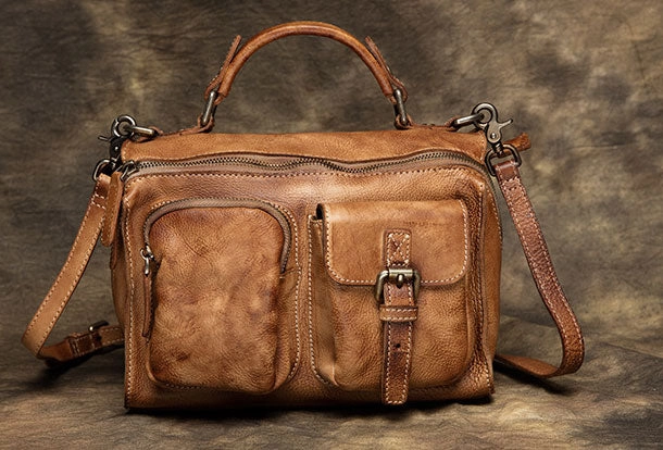 Genuine Handmade Vintage Leather Message Bag Handbag Shoulder Bag Women Leather Purse Design Simplicity Balanced Line