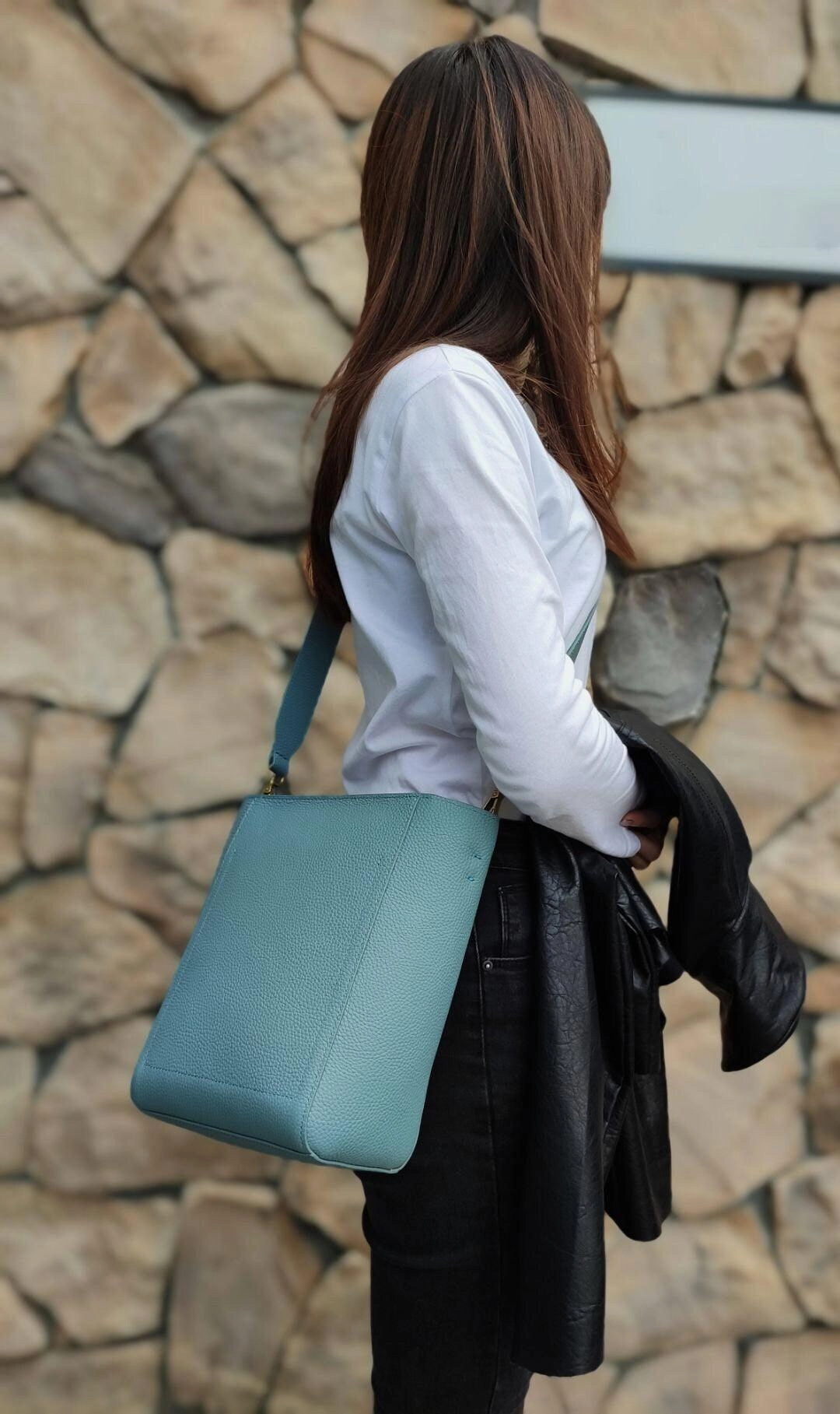 City Commuter Bag Trendy Relaxed Style Genuine Leather Bucket Shoulder Bag, Classic Fashion Designer Shoulder Bag Leather Strap, Minimalist Leather Tote Bag, Gift For Her