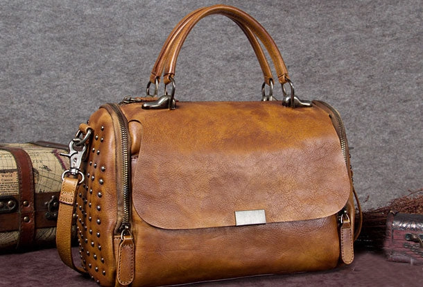 Genuine Leather Handbag Rivet Crossbody Bag Shoulder Bag Purse For Women Bold Accent