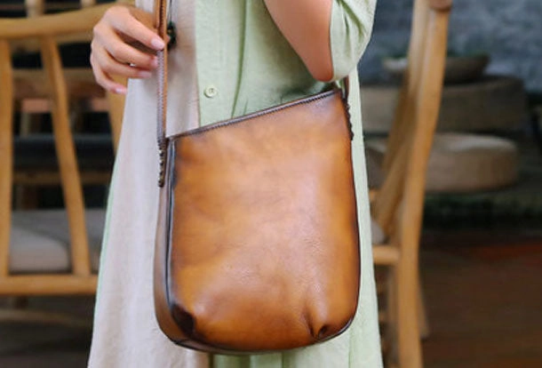 Genuine Leather Handbag Vintage Bucket Bag Crossbody Bag Shoulder Bag Purse For Women Compact Daily Travel Lifestyle