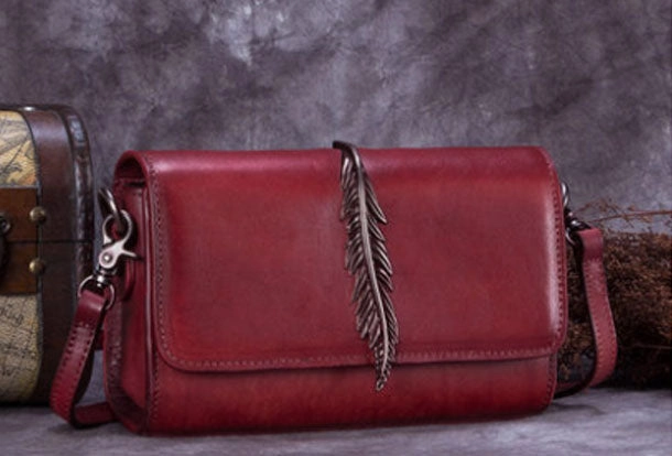 Genuine Leather Handbag Vintage Feather Bag Crossbody Bag Shoulder Bag Purse For Women Everyday Function