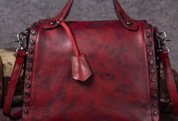 Everyday Function Genuine Leather Handbag Vintage Rivet Crossbody Bag Shoulder Bag Purse For Women
