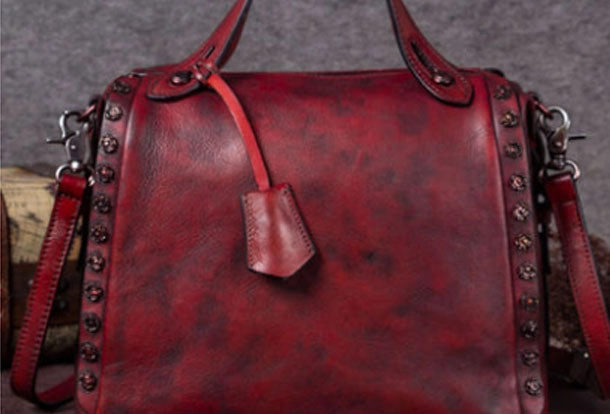 Minimal Texture Genuine Leather Handbag Vintage Rivet Crossbody Bag Shoulder Bag Purse For Women
