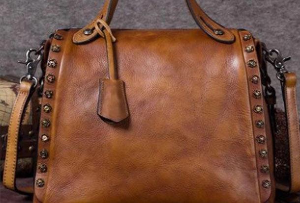 Chic carryall Genuine Leather Handbag Vintage Rivet Crossbody Bag Shoulder Bag Purse For Women