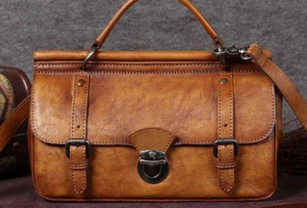 School campus Genuine Leather Handbag Vintage Satchel Crossbody Bag Cube Shoulder Bag Purse For Women