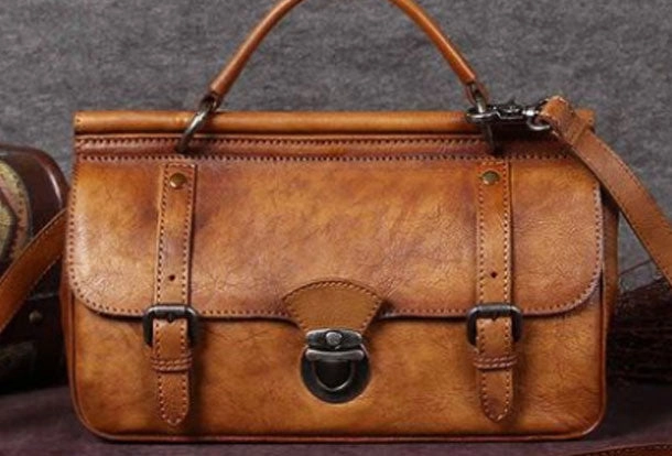 Genuine Leather Handbag Vintage Satchel Crossbody Bag Cube Shoulder Bag Purse For Women Lightweight Design