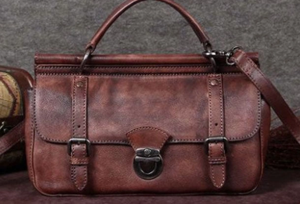 Genuine Leather Handbag Vintage Satchel Crossbody Bag Cube Shoulder Bag Purse For Women Commuter Style Durable Stitching