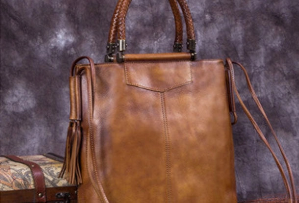 Polished Hardware Modern Casual Genuine Leather Handbag Vintage Tote Woven Tassel Crossbody Bag Shoulder Bag Purse For Women