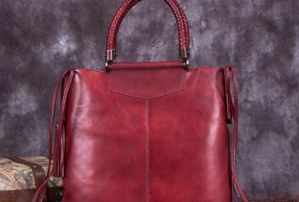 Genuine Leather Handbag Vintage Tote Woven Tassel Crossbody Bag Shoulder Bag Purse For Women Comfort Everyday