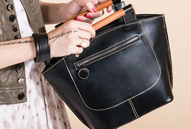 Genuine Leather Handbag Wooden Handmade Bag Shoulder Bag Purse For Women Shopping Day