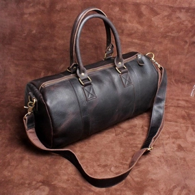 All Season Shape Genuine Leather Mens Barrel Bag Cool Weekender Bag Travel Bag Duffle Bags Overnight Bag Holdall Bag for men