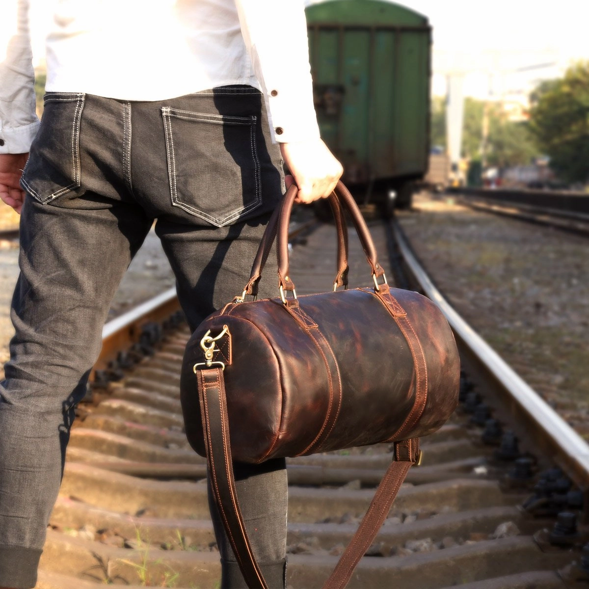 Genuine Leather Mens Bucket Bag Cool Weekender Bag Travel Bag Duffle Bags Overnight Bag Holdall Bag for men Dual Zipper