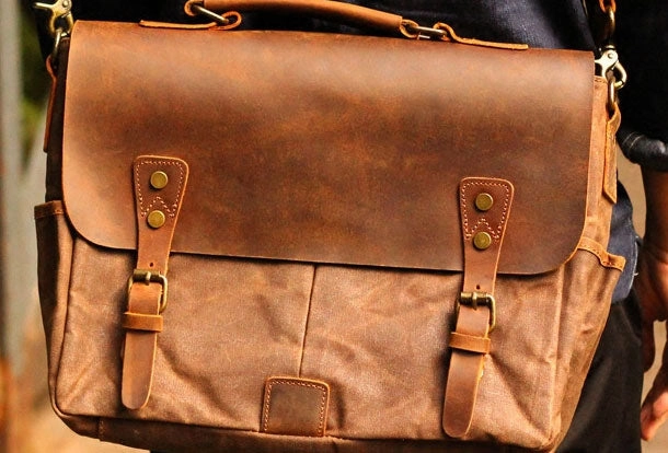 Genuine Leather Mens Cool Canvas Messenger Bag iPad Bag Chest Bag Bike Bag Cycling Bag For Men Classic Appeal