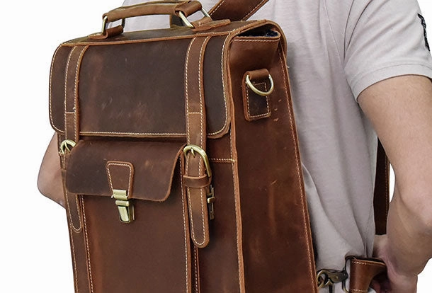 Daily Gear Genuine Leather Mens Cool Messenger Bag Backpack Large Black Travel Bag Hiking Bag For Men