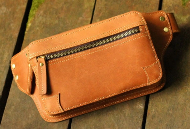 Compact zippered case Compact Shape Genuine Leather Mens Hip Bag Cool Waist Bag iPad Bag  Bike Bag Cycling Bag For Men