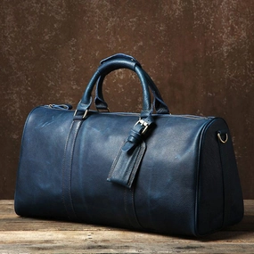 Travel-Friendly Construction Genuine Leather Mens Large Blue Travel Bag Cool Duffle Bag Shoulder Bag Weekender Bag for Men