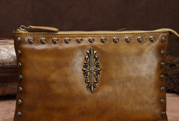 Secure fit Evening Style Genuine Leather Rivet Handbag Clutch Vintage Crossbody Bag Shoulder Bag Purse For Women