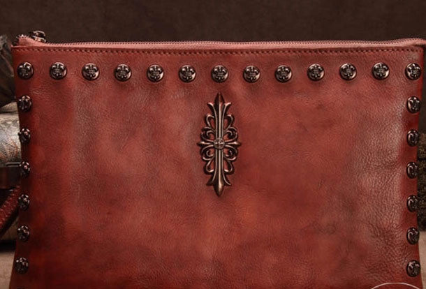 Genuine Leather Rivet Handbag Clutch Vintage Crossbody Bag Shoulder Bag Purse For Women Soft Touch light texture