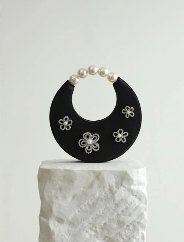 Handcrafted Silk Crescent Hobo Handbag and Bucket Bag with Beaded Flower | Chic Top Handle Evening Party Bag for Women Casual Chic