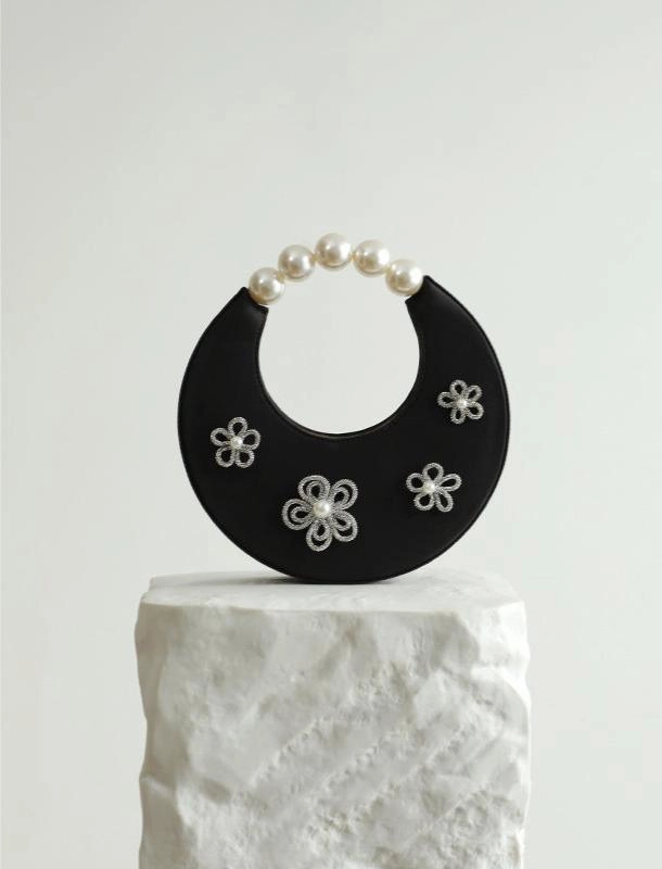 beaded embellishment Handcrafted Silk Crescent Hobo Handbag and Bucket Bag with Beaded Flower | Chic Top Handle Evening Party Bag for Women