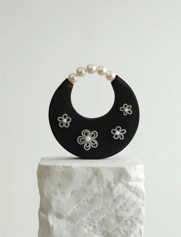 Handcrafted Silk Crescent Hobo Handbag and Bucket Bag with Beaded Flower | Chic Top Handle Evening Party Bag for Women Lightweight Tote