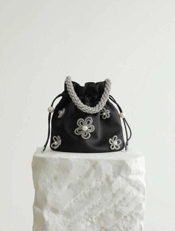 Classic Versatile Piece Handcrafted Silk Crescent Hobo Handbag and Bucket Bag with Beaded Flower | Chic Top Handle Evening Party Bag for Women