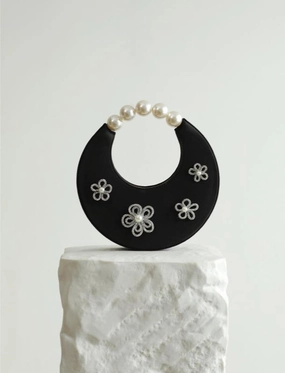 beaded embellishment Handcrafted Silk Crescent Hobo Handbag and Bucket Bag with Beaded Flower | Chic Top Handle Evening Party Bag for Women