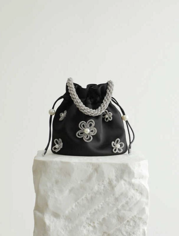 Polished Edge Handcrafted Silk Crescent Hobo Handbag and Bucket Bag with Beaded Flower | Chic Top Handle Evening Party Bag for Women