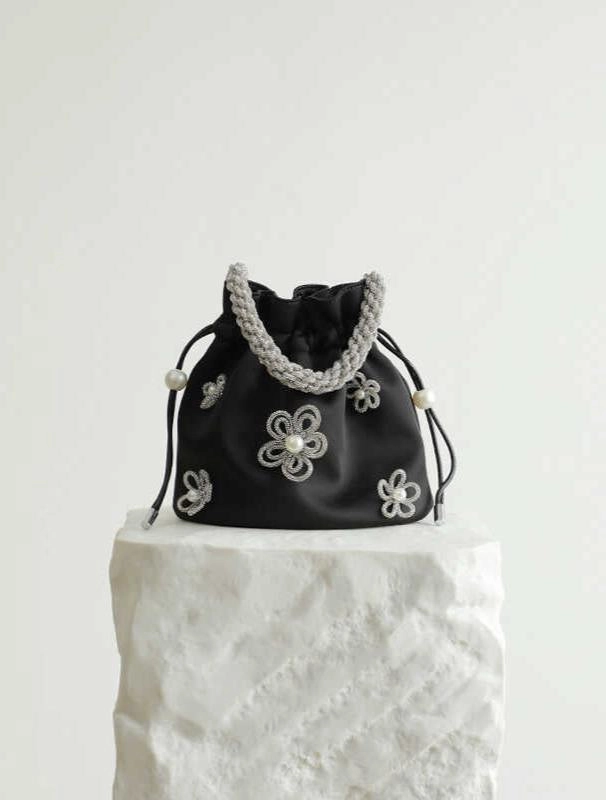 Winter Style Casual Weekend Handcrafted Silk Crescent Hobo Handbag and Bucket Bag with Beaded Flower | Chic Top Handle Evening Party Bag for Women