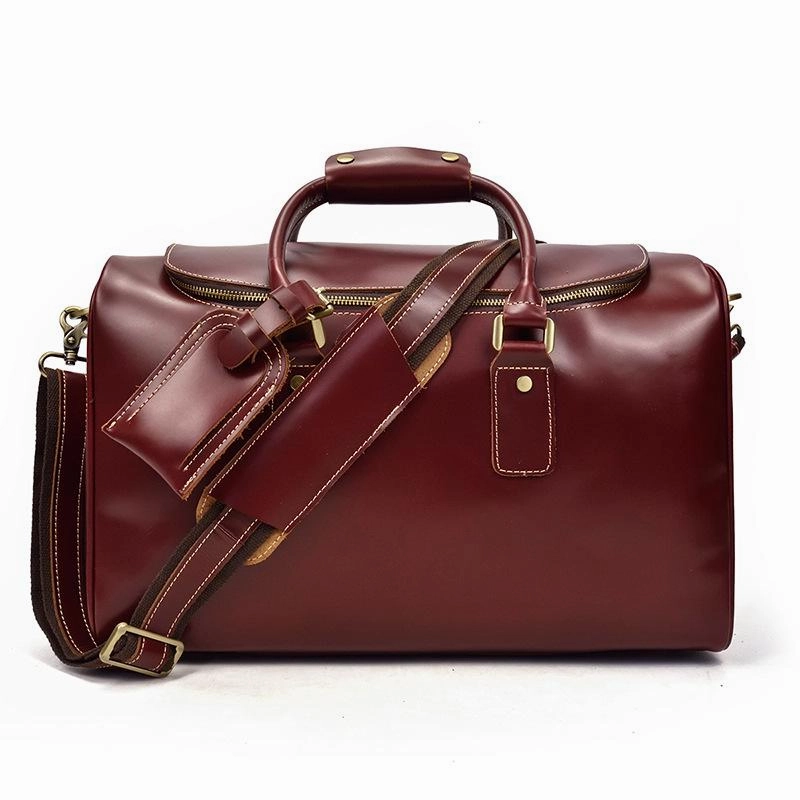 Classy Red Leather Men Barrel Overnight Bags Doctor Bag Travel Bags Weekender Bags For Men Gym Commute Sleek Function