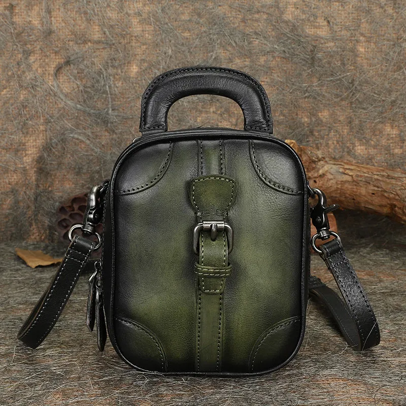 Green Leather Womens Small Vertical Shoulder Bag Small Handmade Crossbody Handbag Purse for Ladies Smart Weekend