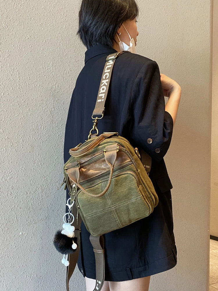 Green Canvas Convertible Backpack Women Shoulder Bag Canvas Convertible Crossbody Bag Canvas Handbag Practical Design Vegan Leather