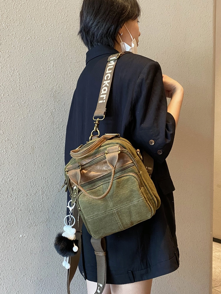Green Canvas Convertible Backpack Women Shoulder Bag Canvas Convertible Crossbody Bag Canvas Handbag Urban Comfort Weekend Travel