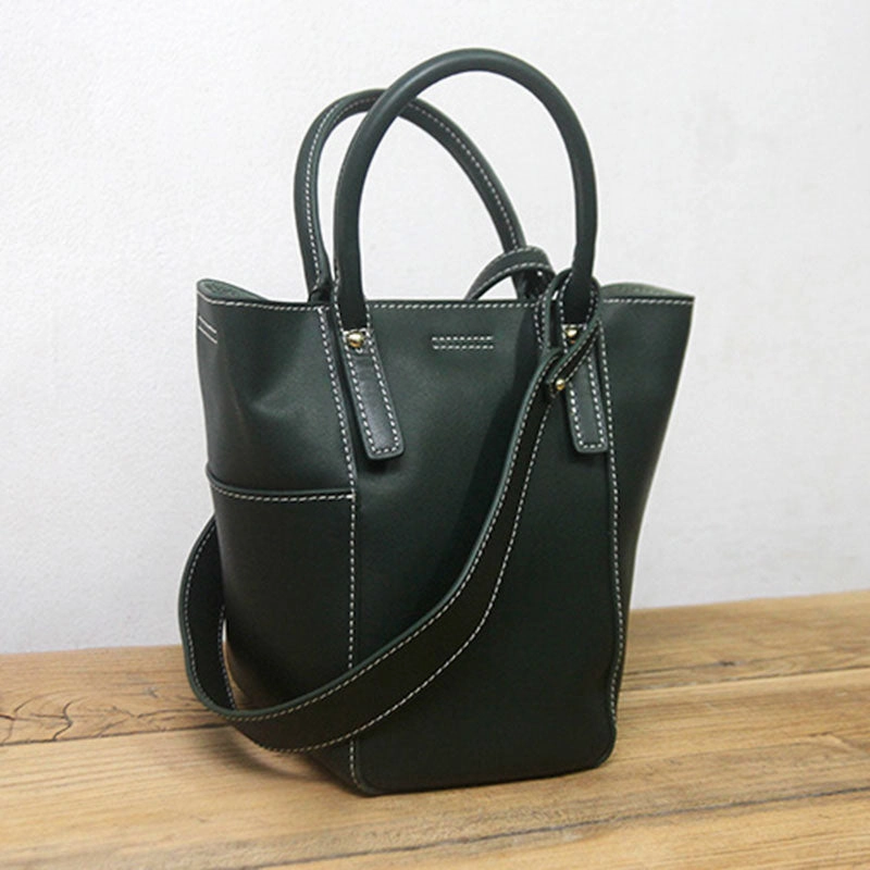 Green LEATHER WOMEN Bucket Handbag Barrel Shoulder Purses FOR WOMEN Elegant Finish Functional Design