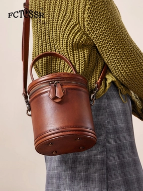 Green Leather Womens Bucket Handbag Barrel Shoulder Bag Crossbody Purse for Ladies Vegan Option Stylish Engineering