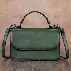 Unique shape carrier Functional Design Green Vintage Ladies Leather Satchel Handbag Purse Green SHoulder Bag Side Bag for WOmen