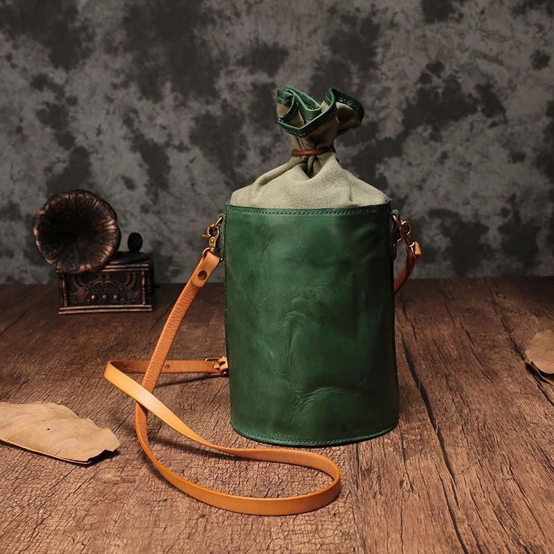 Stylish Function Green WOmens Leather Shoulder Bag Bucket Bag Small Brown Crossbody Barrel Bag Bucket Purse for ladies