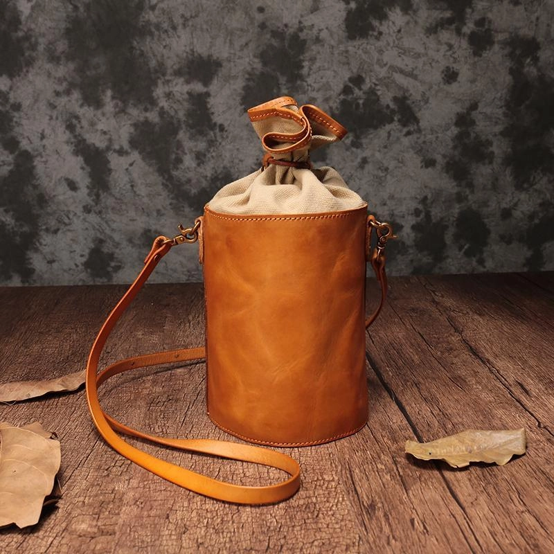 Green WOmens Leather Shoulder Bag Bucket Bag Small Brown Crossbody Barrel Bag Bucket Purse for ladies Compact Travel Purse