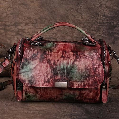 Hand-Dyed Vintage Womens Leather Handbags Brown Side Bag Red SHoulder Bag Purse for Ladies Versatile Carryall Travel Organizer