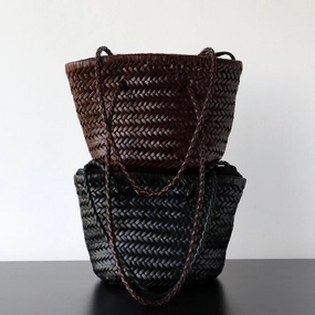 Hand-Woven Cowhide Leather Bucket Bag | Women's Braided Drawstring Basket Purse Stylish Daywear Accessory Compact Shoulder Fit
