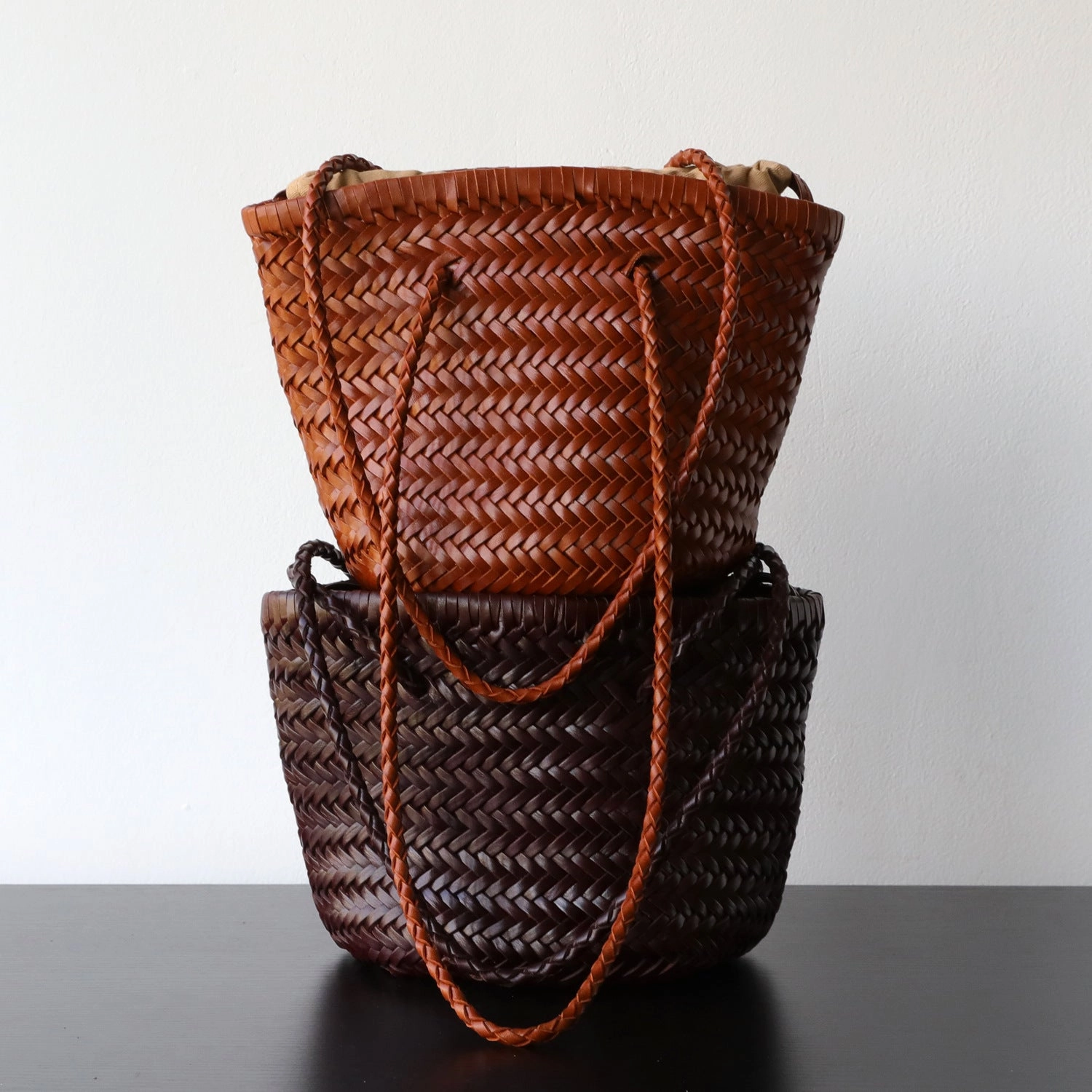 Hand-Woven Cowhide Leather Bucket Bag | Women's Braided Drawstring Basket Purse Comfort Everyday Wear