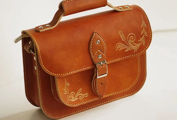 Handcraft vintage floral leather Carved Satchel shoulder bag purse for women girl All-Occasion Bag Weekend Outing
