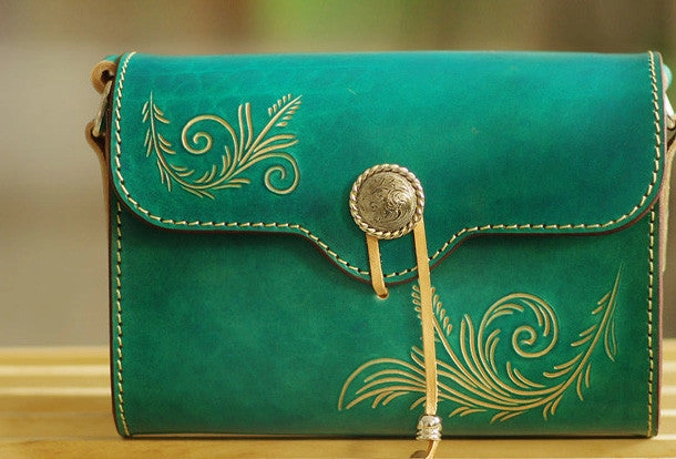 Minimal Aesthetic Handcraft retro crossbody leather floral hand dyed shoulder bag /handbag for women